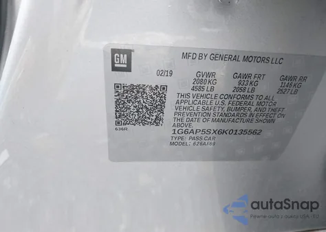 2019 Cadillac Cts Standard из США, поврежденный, VIN 1G6AP5SX6K0135562